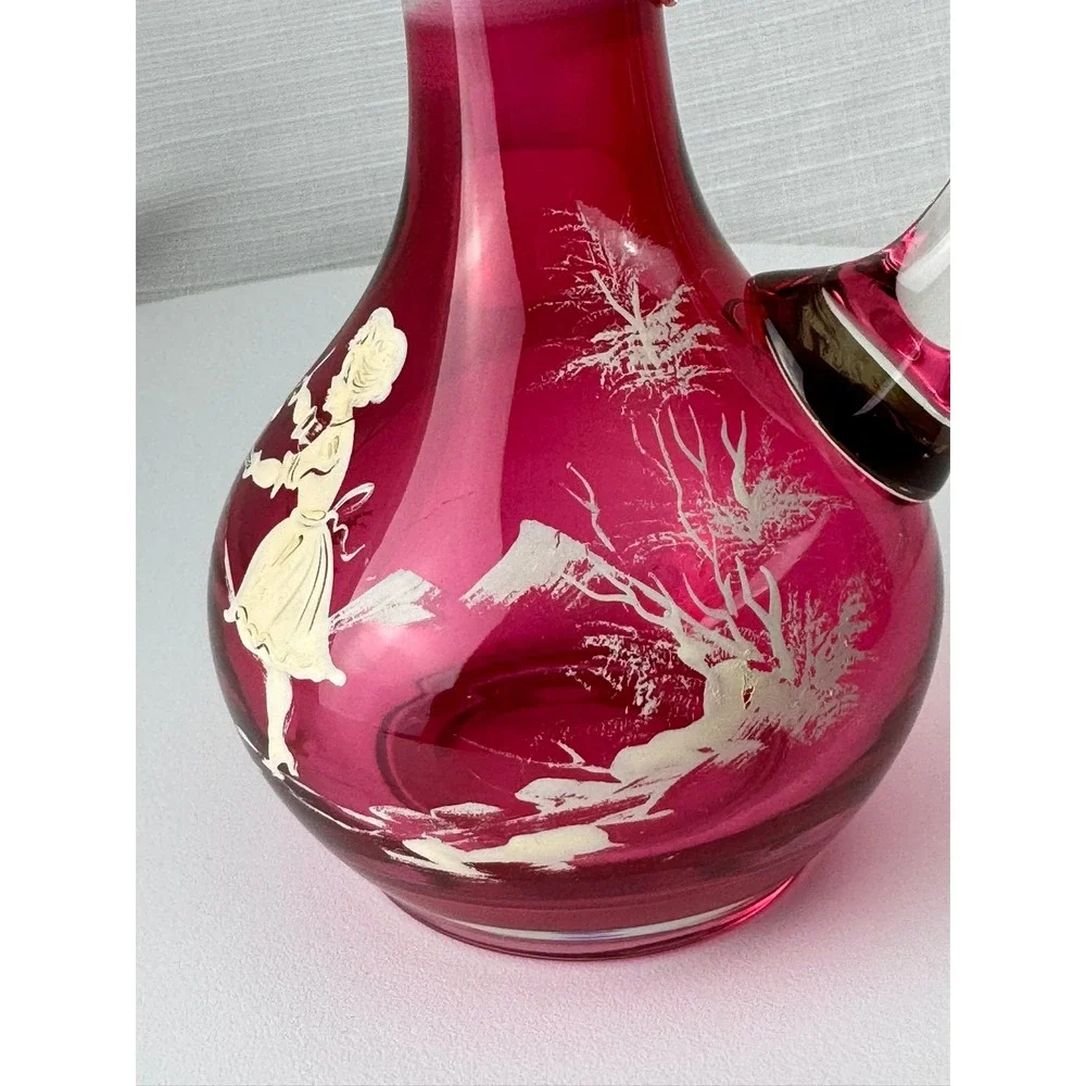 Vintage Mary Gregory Style Cranberry Glass Decanter Pink Enamel Girl 7.5in Good